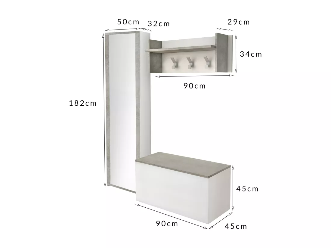 Meuble d'entrée Djohnse, Entrée moderne avec portemanteau, Meuble avec étagère à chaussures, Meuble avec miroir, 50x32h182 cm, Blanc et Ciment