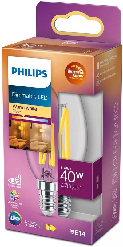 Philips - Led Classic 40W B35 E14 - Dimbare Verlichting - Transparant Glas