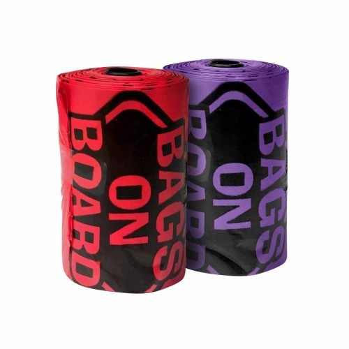 Pacote com 140 sacos para recolher excrementos com aroma de frutos vermelhos.