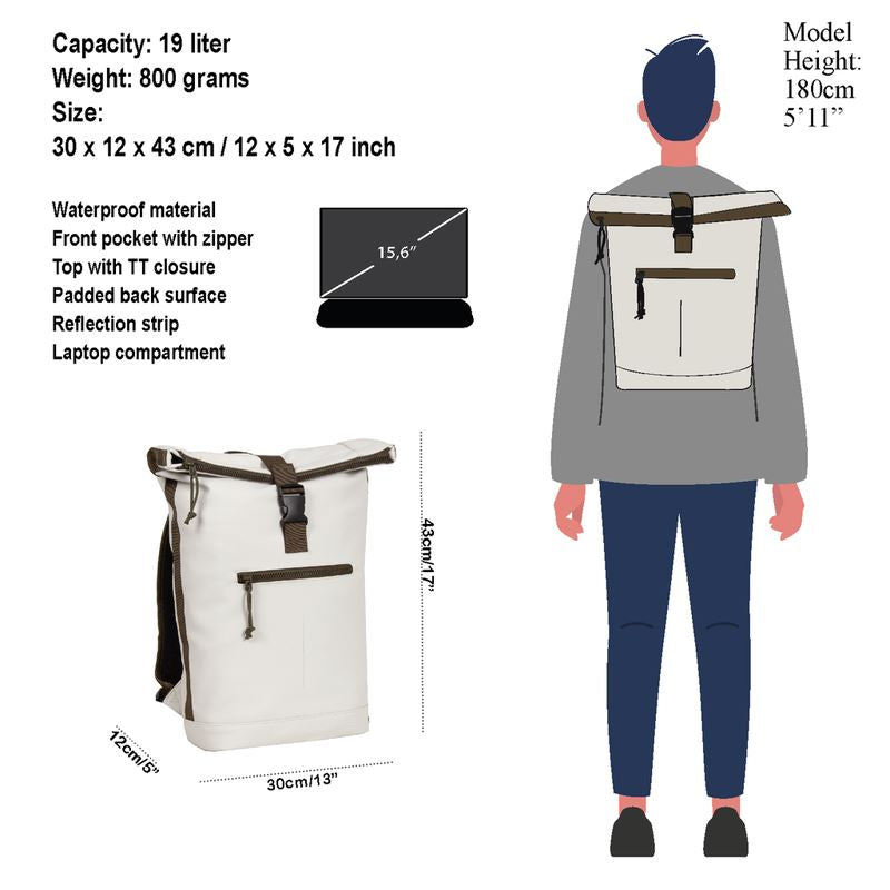 New Rebels Tim Waterproof Rolltop Rugzak Laptopvak 15,6'' Beige / Olive