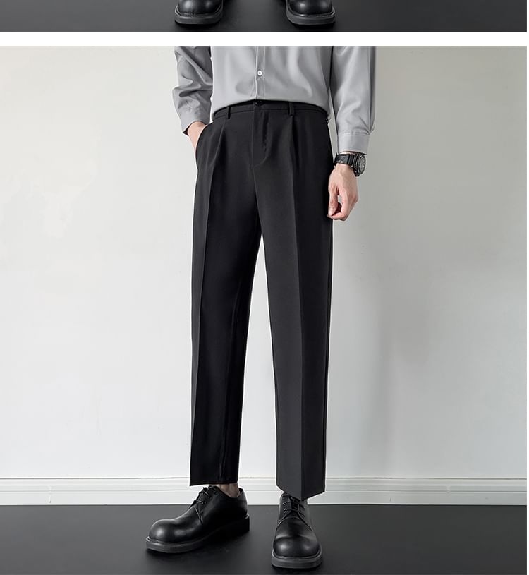 Nightbell - Mid Rise Plain Cropped Straight Leg Dress Pants