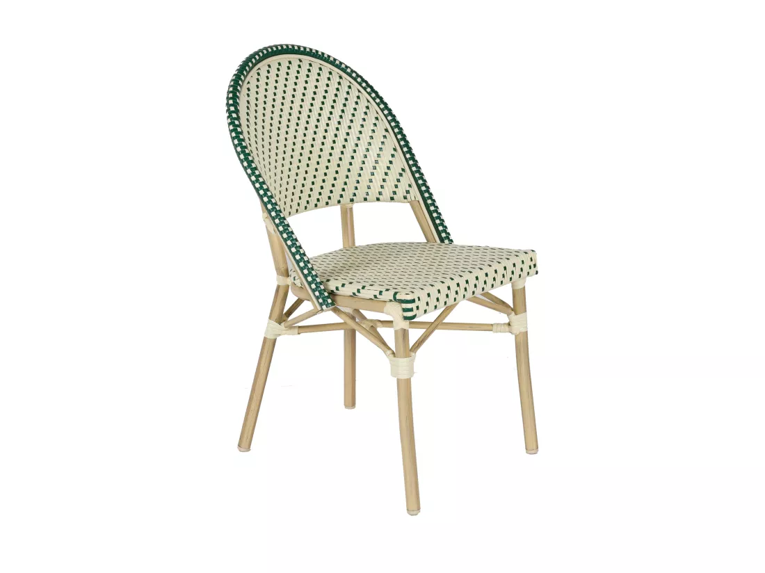 Chaise de terrasse bistrot parisien en aluminium et rotin vert foncé