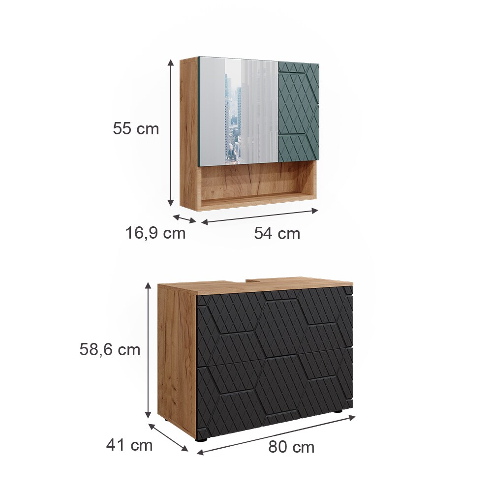 Vicco Badmöbel-Set Irma Eiche Anthrazit 2-teilig Spiegelschrank Waschbeckenschrank 80 cm