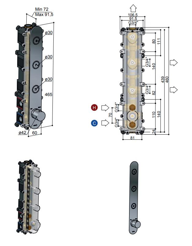 Hotbath Cobber Afbouwdeel thermostaat Verticaal met 3 pushbuttons Geborsteld Messing PVD PB050