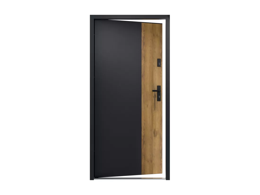 Porte d'entrée pleine en acier H207 x L100 cm - Noir et effet chêne - poussant gauche - MABENA
