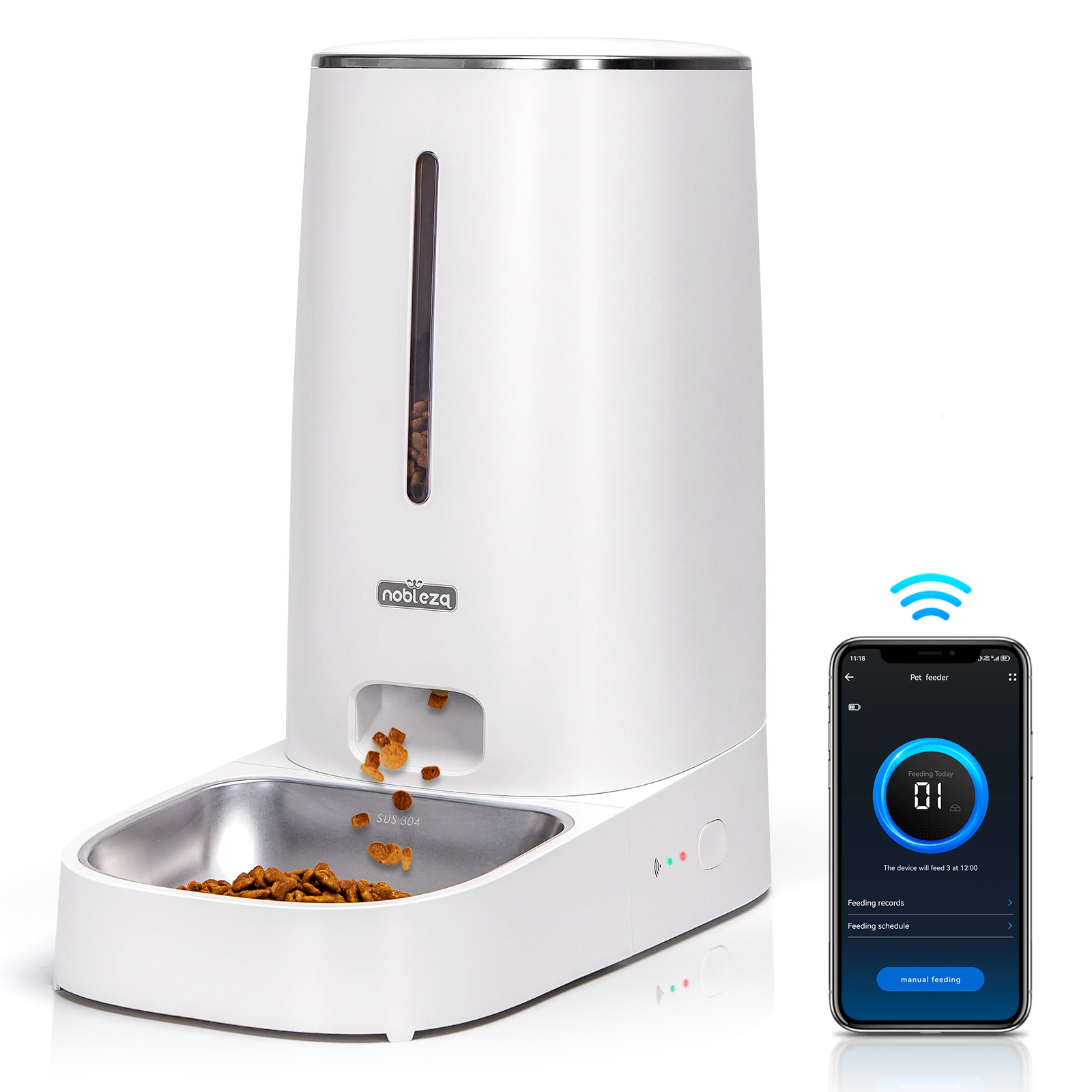 Nobleza - Dispensador automático de ração para cães e gatos, Wi-Fi 2.4G, capacidade de 4 litros, com timer e controle remoto por aplicativo, gravação de 10 segundos, permite de 1 a 10 refeições por dia, cor branca.