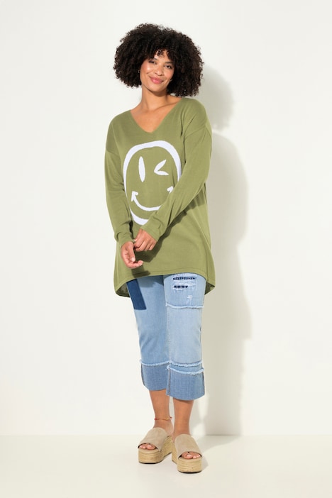 Pullover, oversized, Smiley, V-Ausschnitt, Langarm