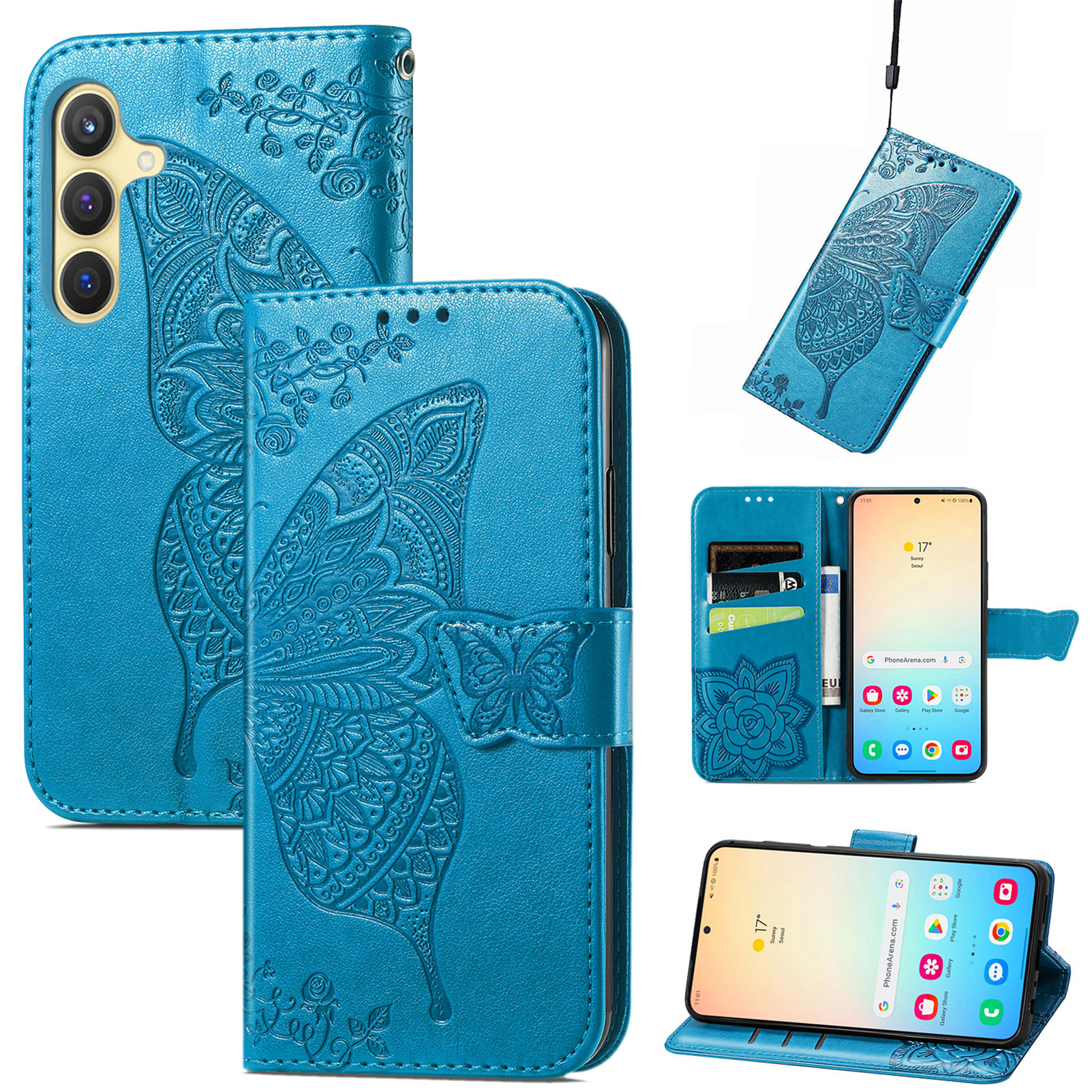 Samsung Galaxy S25  Plus Leder Tasche Flip Cover Schmetterlinge Imprint - Blau