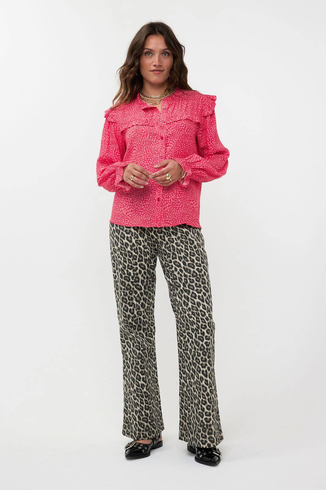 Ydence high waist wide leg broek Ingrid met panterprint beige/ zwart