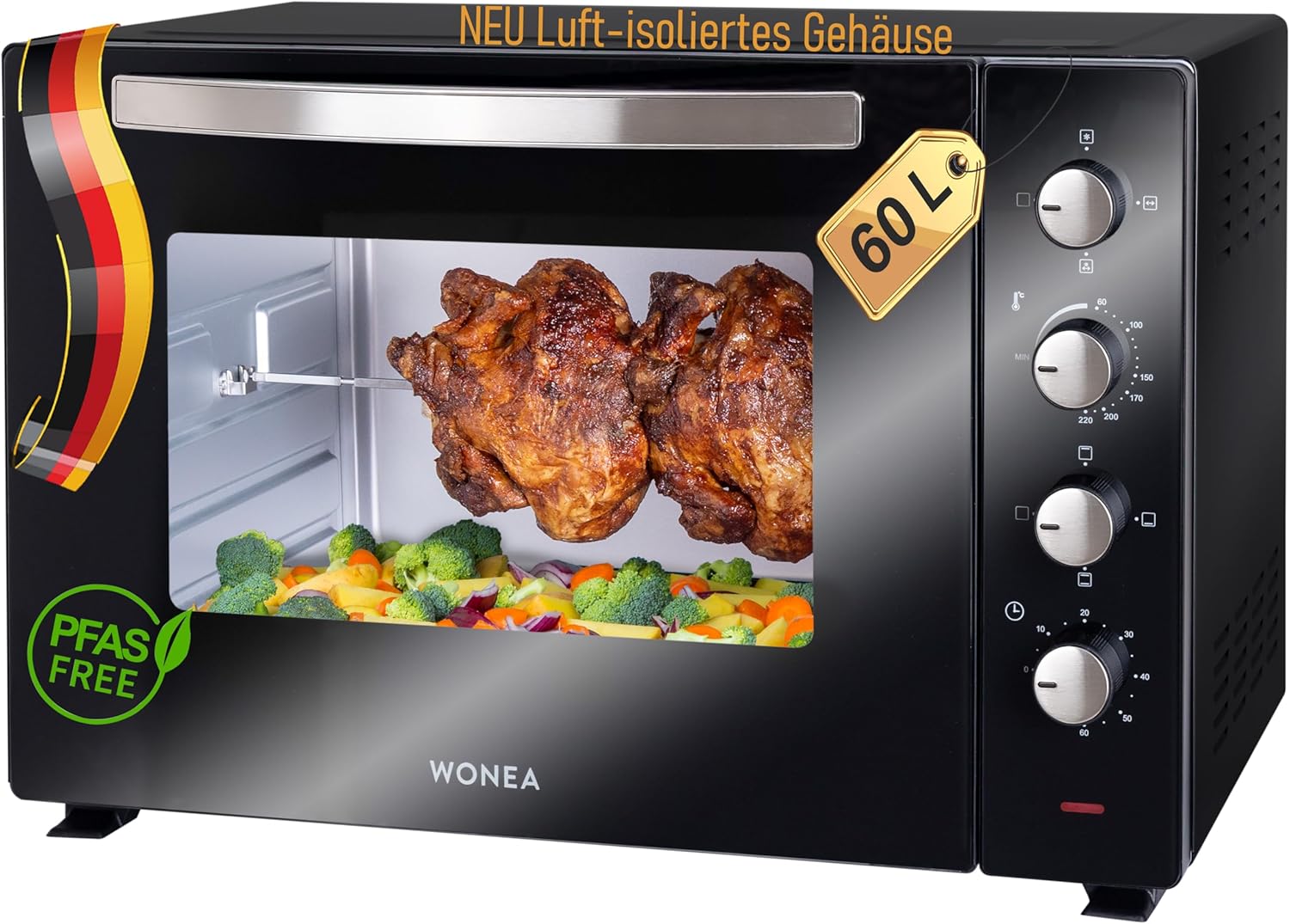 Minibackofen 60 Liter 2000 Watt Mini-backofen mit Umluft, Mini Backofen mit Luft-isoliertem Gehäuse, Krümelblech, XXL Minibackofen mit Drehspieß, Ofen mit Licht, Pizzaofen Mobiler Backofen für Camping