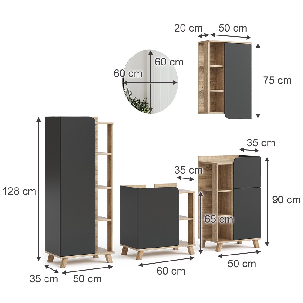 Vicco Badmöbel-Set Karen Sonoma Anthrazit 5 Teile