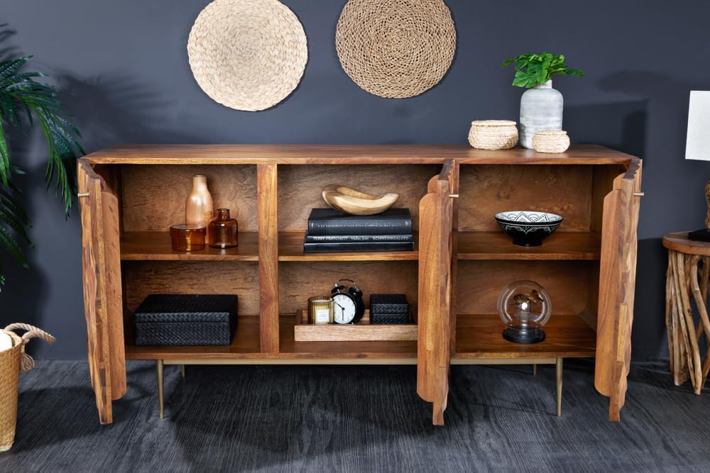 riess-ambiente.de Massives Sideboard Alpine 150cm Sheesham Stone Finish Metall matt Gold