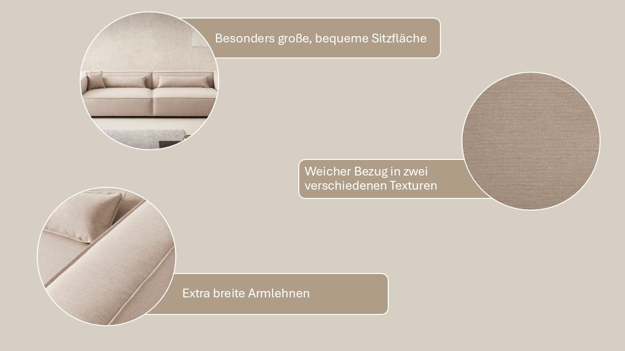 LeGer Home by Lena Gercke 3-Sitzer »PIARA XXL, Sofa mit Kedernaht in Cord, Leinenoptik o. Strukturstoff« schwarze Füsse, bequemer Sitzkomfort, extra tiefe Sitzfläche