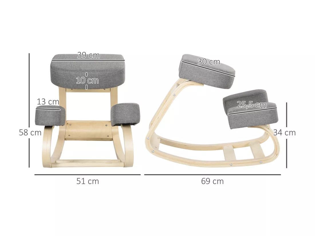 Tabouret ergonomique - siège assis à genoux - chaise à genoux grand confort - bois bouleau polyester gris