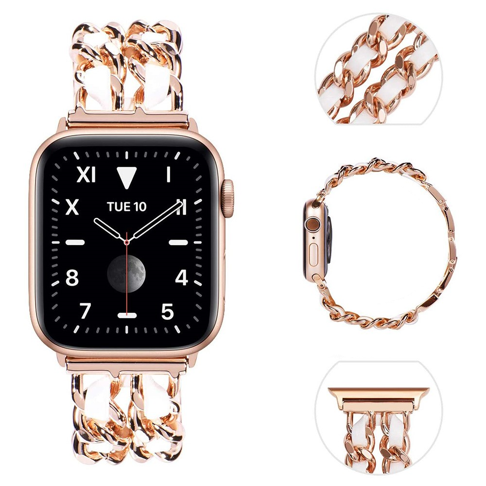 Apple Watch (42/41/40/38 mm) Edelstahl Armband mit Lederband - Roségold / Weiss