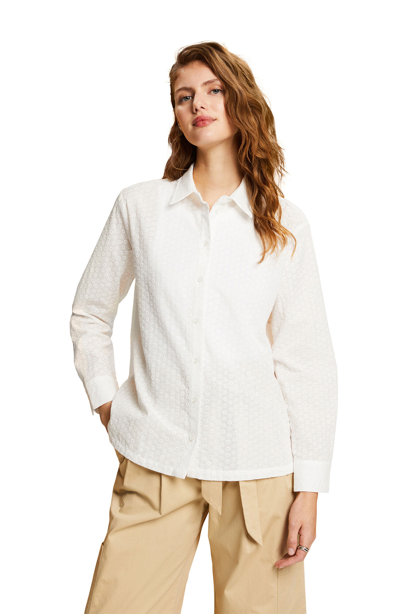 Camisa de algodão bordada com modelagem solta - Branca