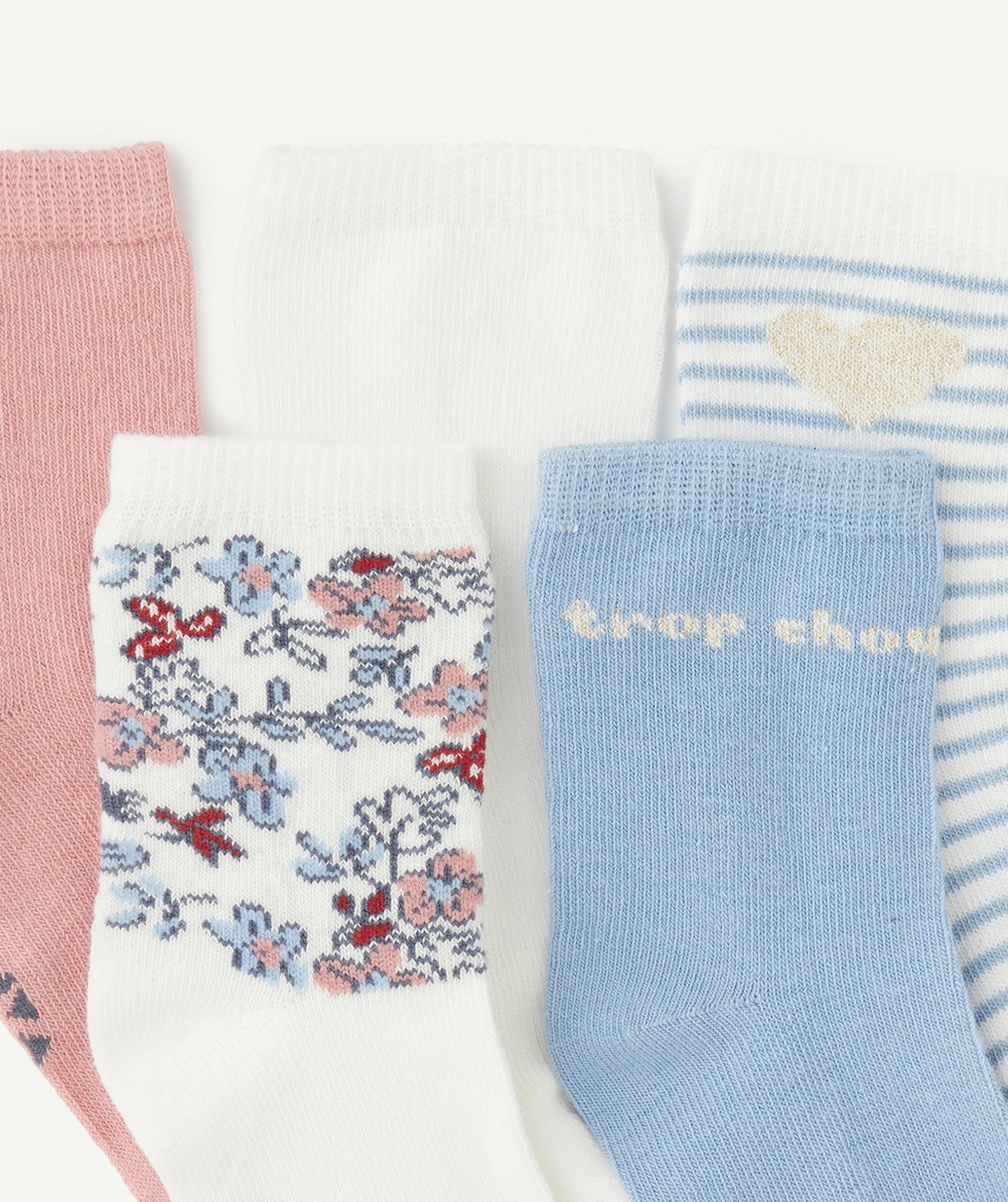 LOT DE 5 CHAUSSETTES FILLE BLEUES BLANCHES ET ROSES