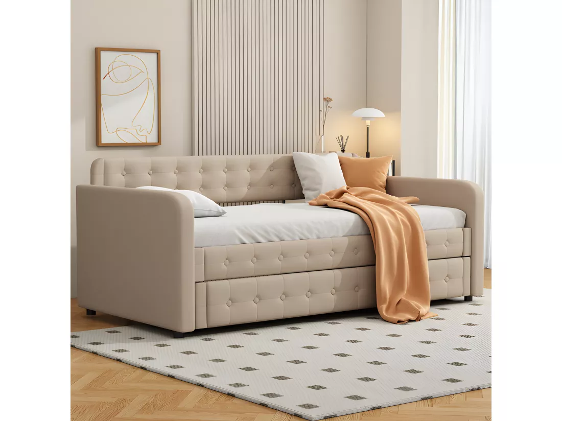 Lit gigogne 90x190/200cm en tissu de lin - avec sommier à lattes - Beige