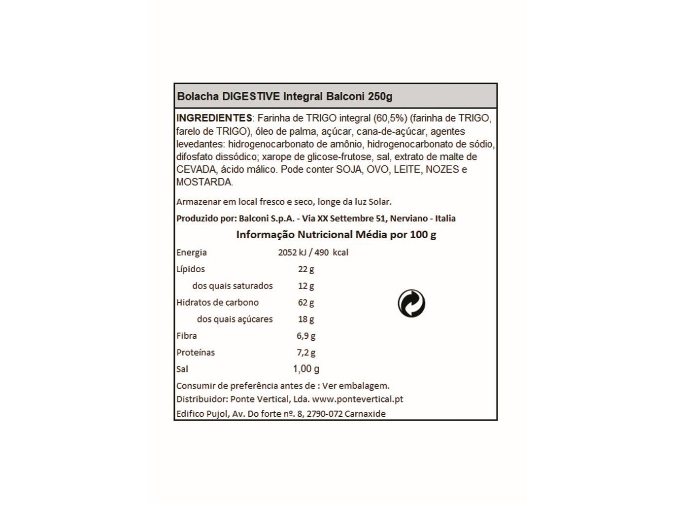 BOLACHAS DIGESTIVE BALCONI INTEGRAL 250 G