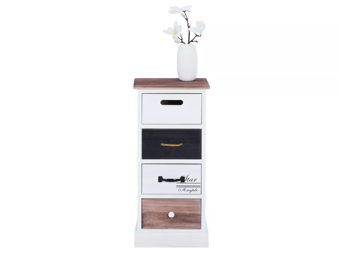 Chiffonnier LAGUNA étagère de rangement avec 4 tiroirs en bois de paulownia style shabby chic vintage rustique blanc brun noir