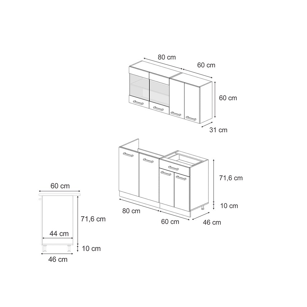 Vicco Singleküche R-Line 140 cm Schwarz Beton Anthrazit mit Arbeitsplatte Weiß-Marmor