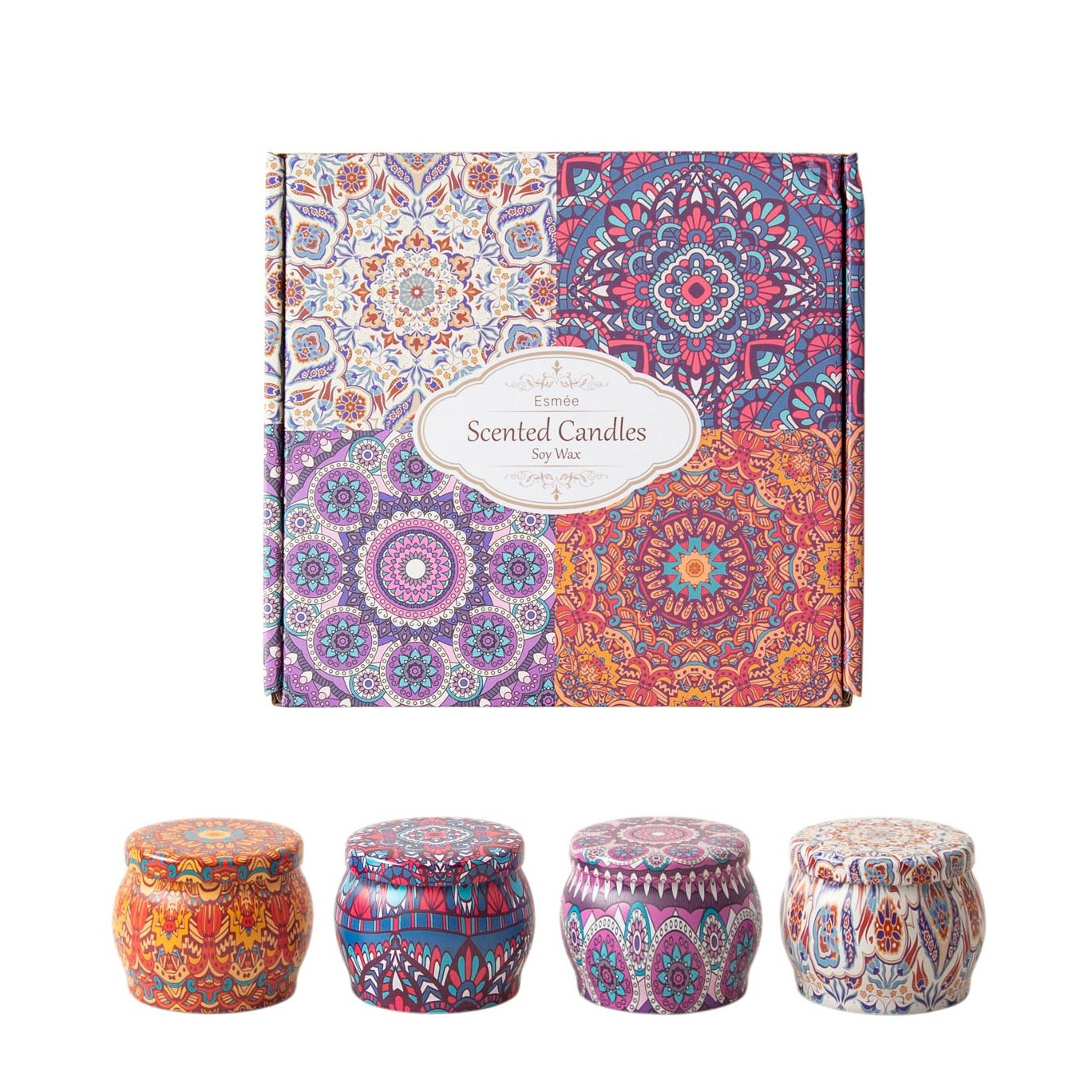 (4er Set) Duft Kerzen Aromatherapie Sojawachs Kerzen im Geschenk Set - Mandala Design