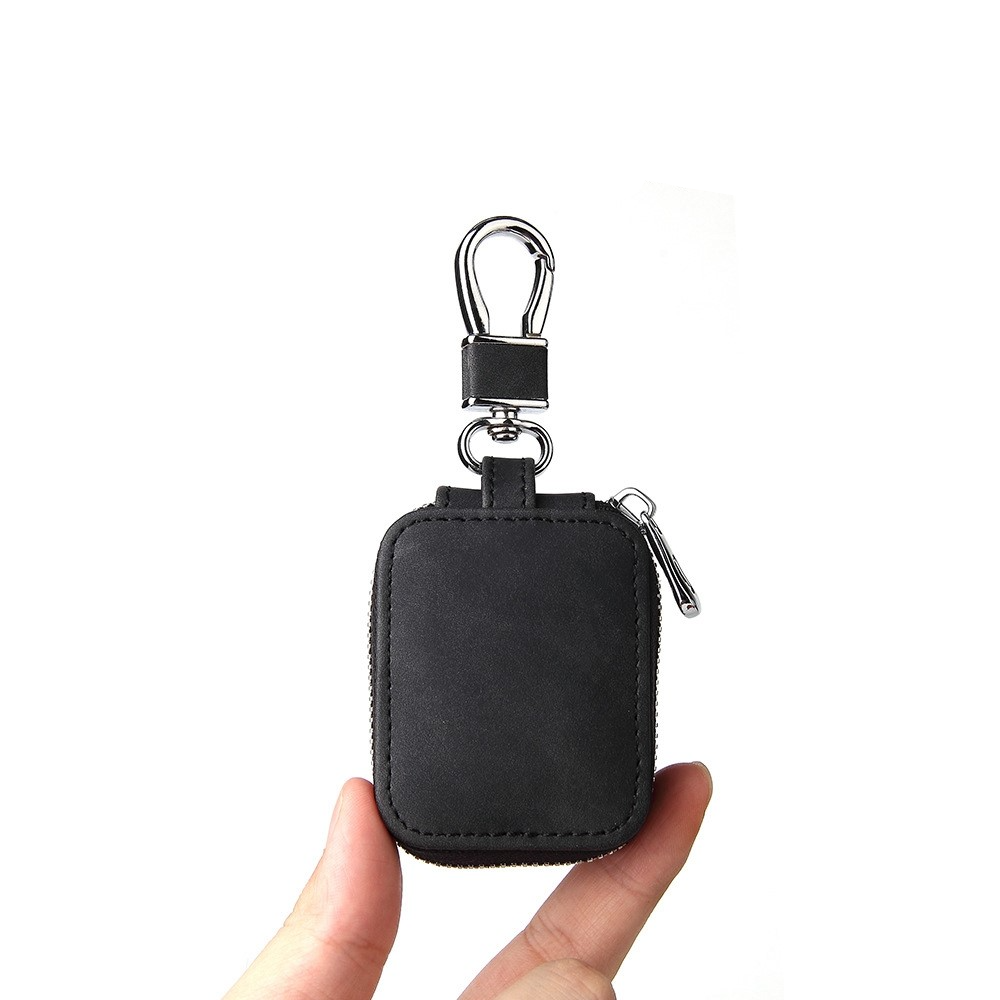 AirPods Leder Tasche Schutzhülle mit Reissverschluss   Karabiner - Schwarz
