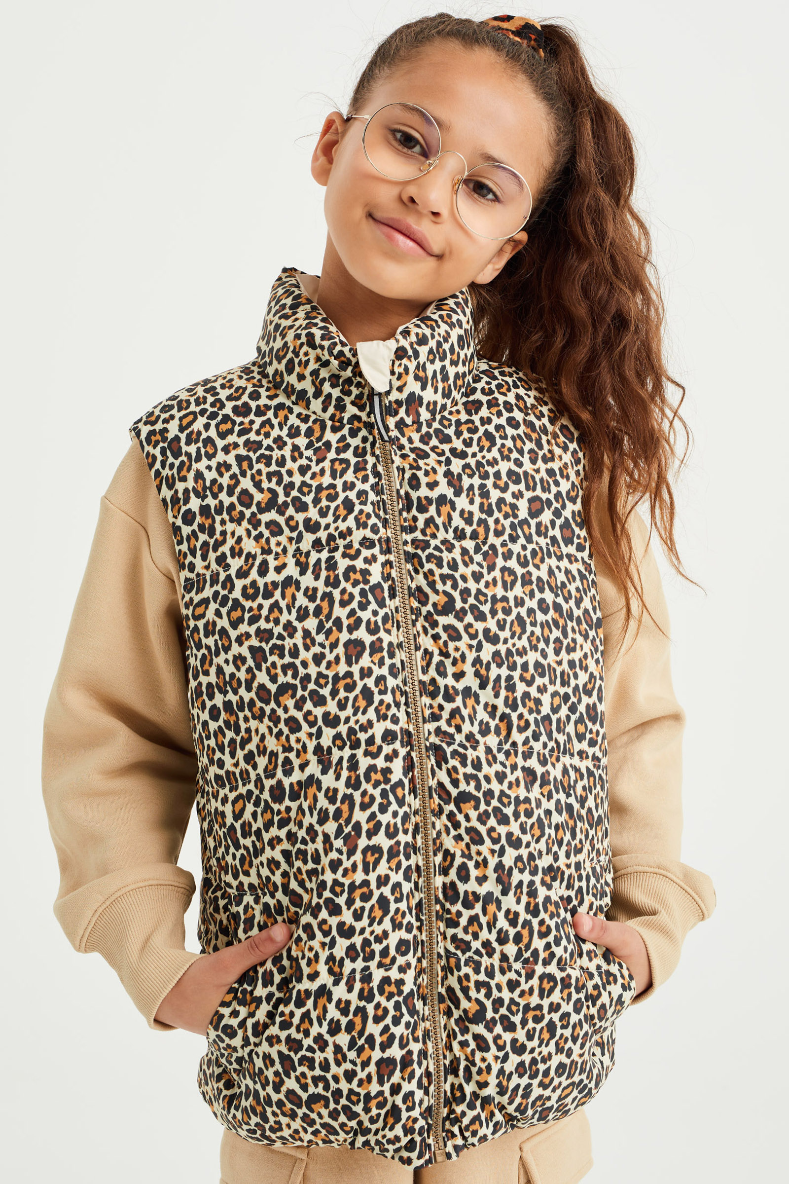 Meisjes reversible bodywarmer met dessin WE Fashion Gebroken wit