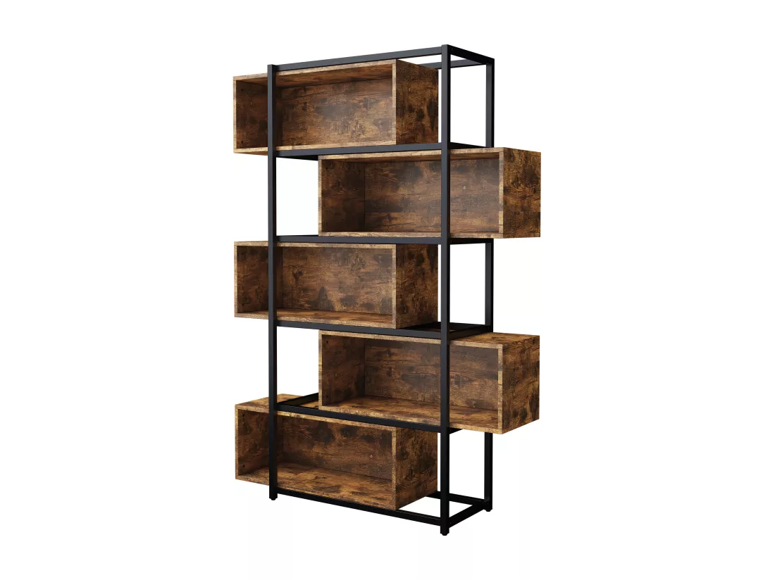 Bibliothèque à 5 niveaux avec étagères - 121 x 35 x 176 cm - Bois MDF et tube acier - Marron