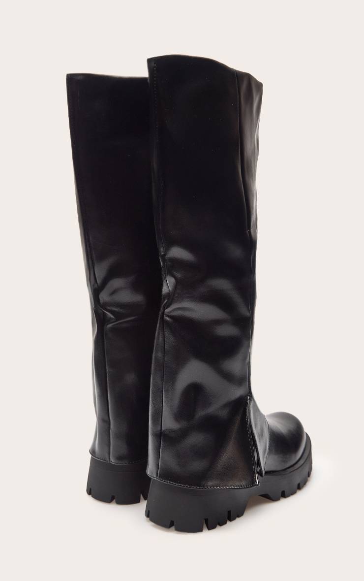 Noir Bottes Hautes À Genoux En Synthétique Avec Semelle Crantée Et Revers