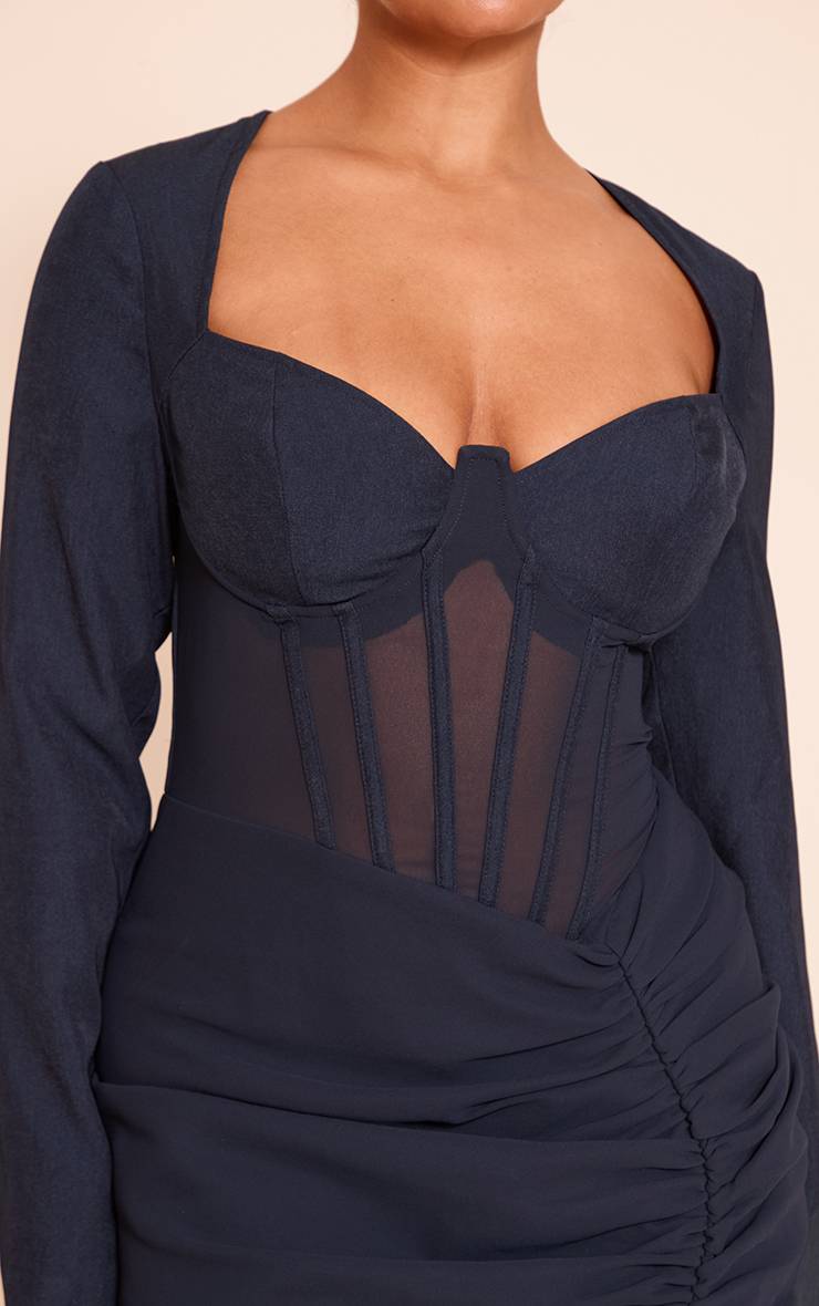 Bleu Marine Robe Moulante Mini À Empiècements Résille Avec Corset Et Fronces Latérales
