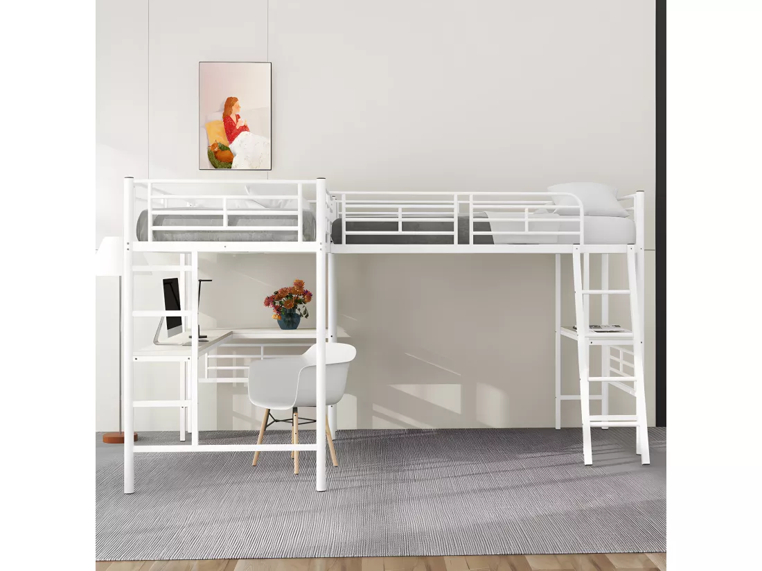 Lit mezzanine - 2 lits 90x200 cm - 2 bureaux sous le lit - Blanc