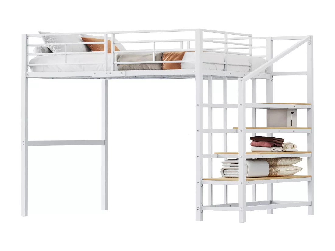 Lit mezzanine 140x200cm en métal - avec étagères et échelle de sécurité - Blanc (matelas non inclus)