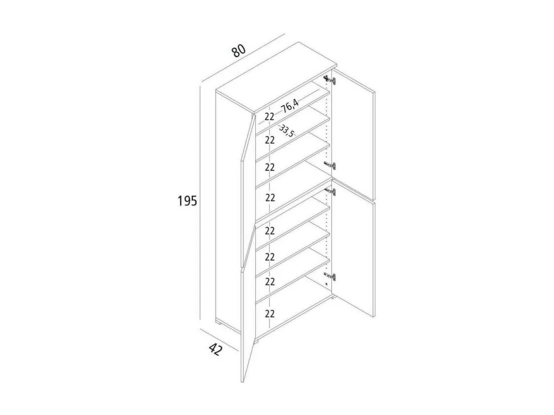 Dbalestr grande armoire polyvalente, Étagère à chaussures avec étagères réglables, Meuble à chaussures avec 4 portes, 100% Made in Italy, 80x37h195 cm, Blanc