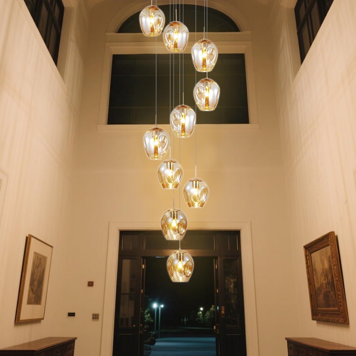 Pendelleuchte 10 Flammig Treppenhaus Glaskugeln Lampe Lang Decke Hängelampe,Längenverstellbare Hängeleuchte Kugelleuchte,Kugel Glas Hängend Deckenleuchte für Galerie,Treppenspirale,Flur