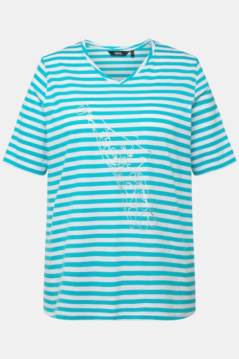 Shirt, Ringel, Metallic-Tier, V-Ausschnitt, Halbarm