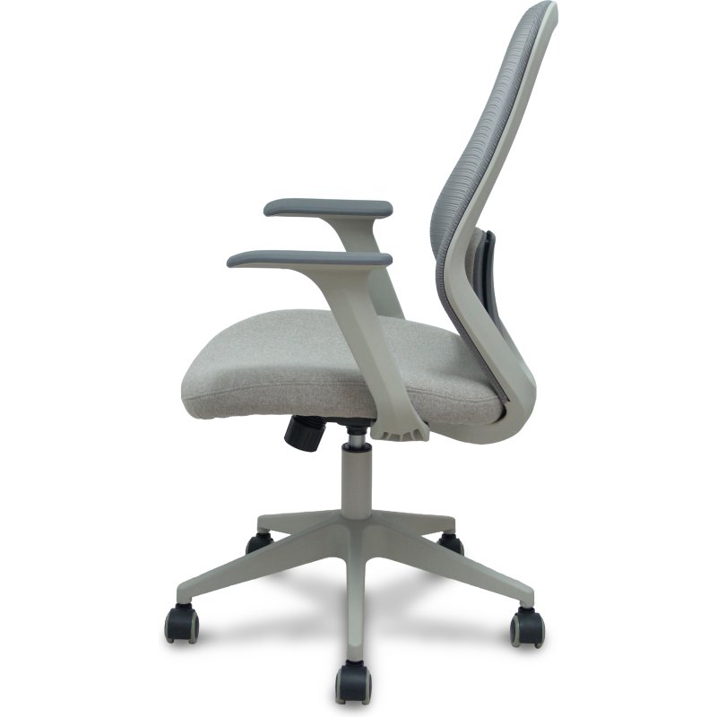 Chaise de bureau Ergo529, dossier en maille grise, assise en tissu gris, piètement gris clair, roulettes en nylon