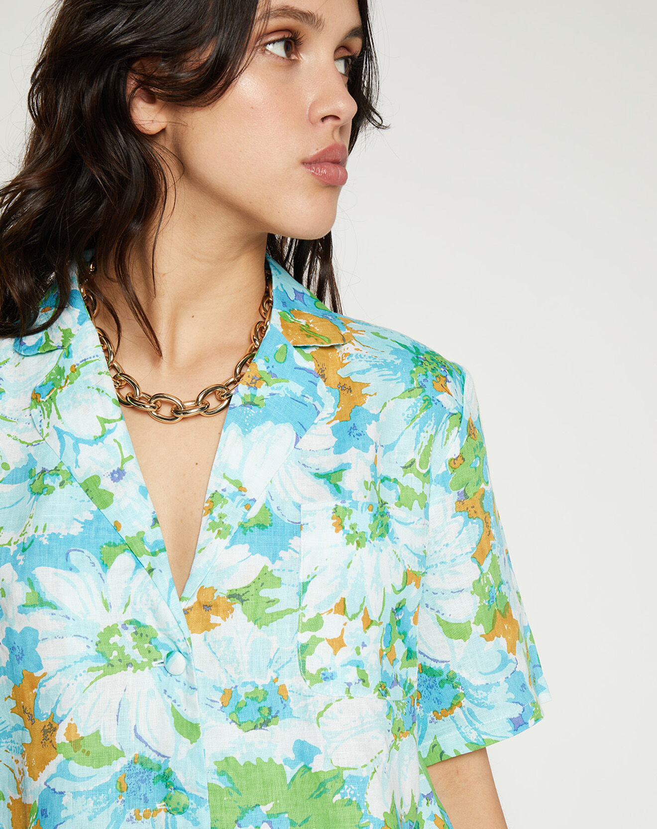 Faithfull the Brand Grande chemise 100% Lin Charlita imprimée bleu/vert