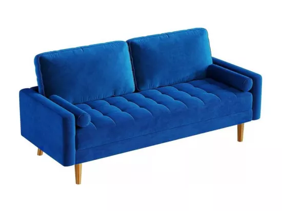 Canapé 2 Places en Velours Bleu, Mini Canapé Chambre avec Accoudoirs, pieds en bois effilés, Canapé Fixe un dossier bas