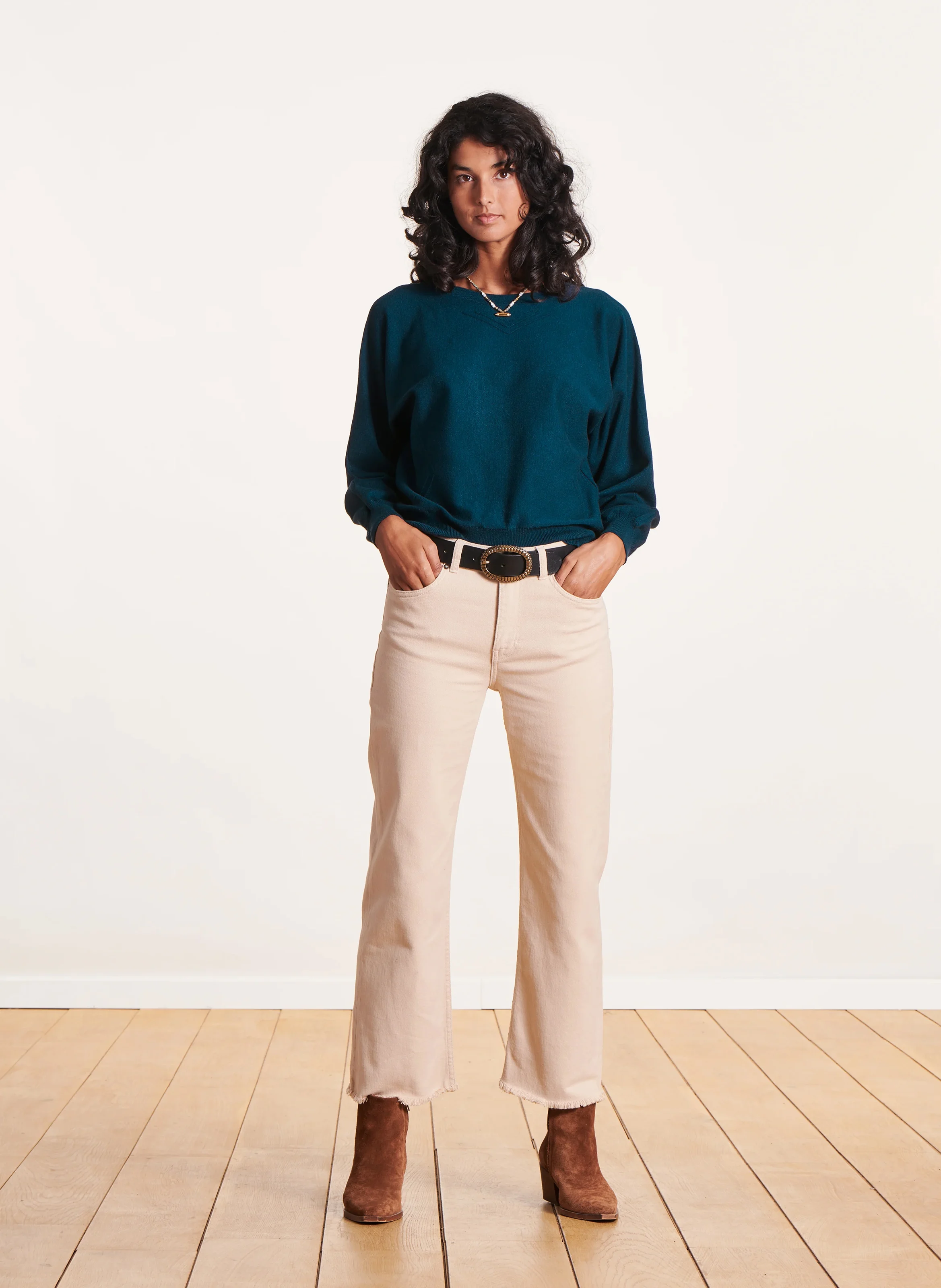 Pull col rond droit en maille | Bleu