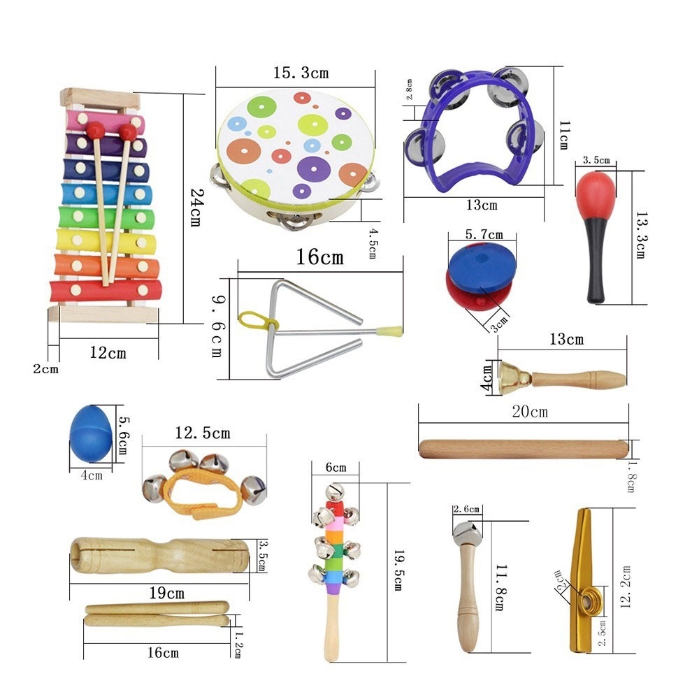 (15-tlg. Set) Kinder Spielzeug Musik Instrument Holz Set Rucksack mit Xylophon / Triangel / Rassel