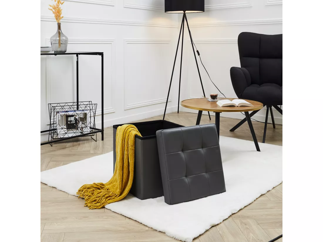 Coffre Pouf Pliable Pu Gris