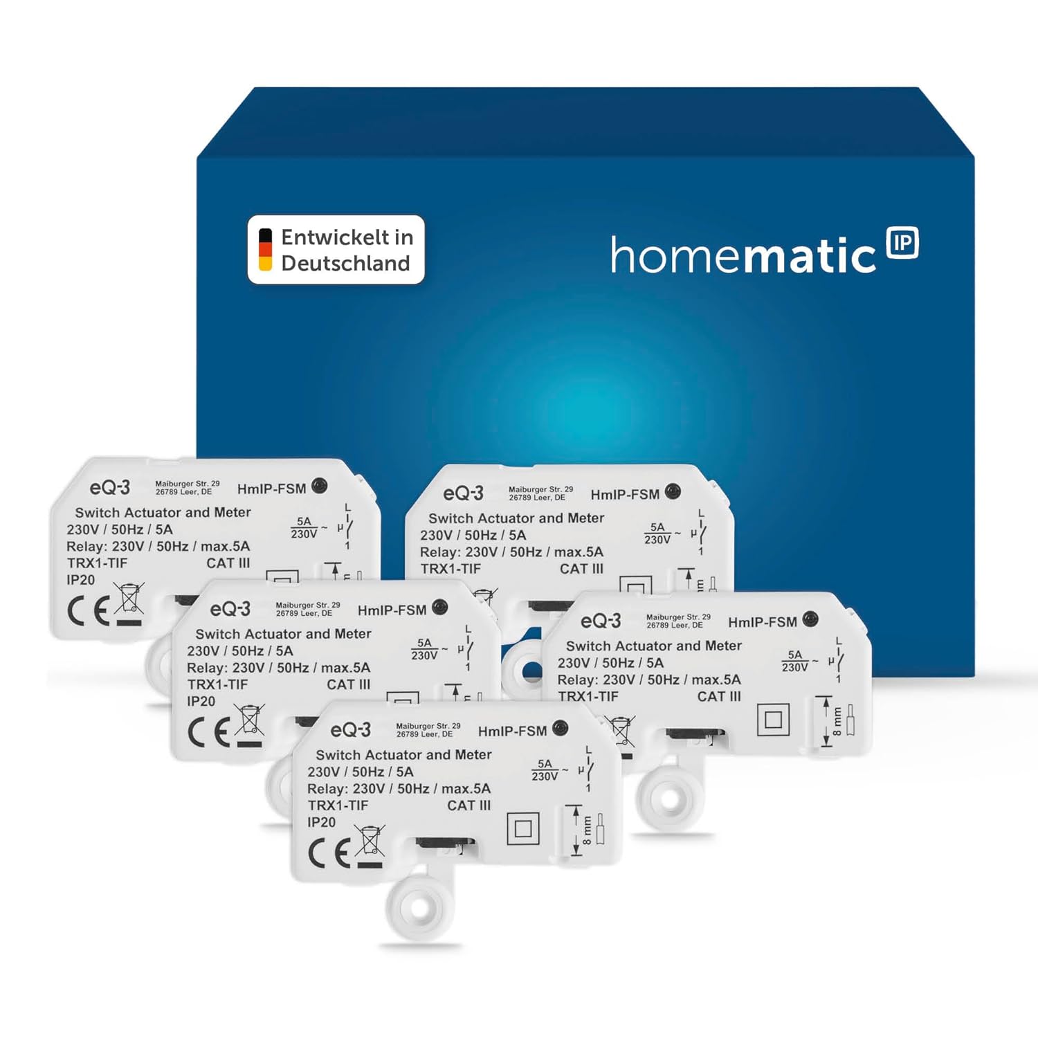 Homematic IP Schalt-Mess-Aktor – Unterputz, Packung mit 5, Smart Home, Aktor misst Strom, steuert Geräte und Leuchten per App, Alexa &  Home, Energie sparen, 142721A0