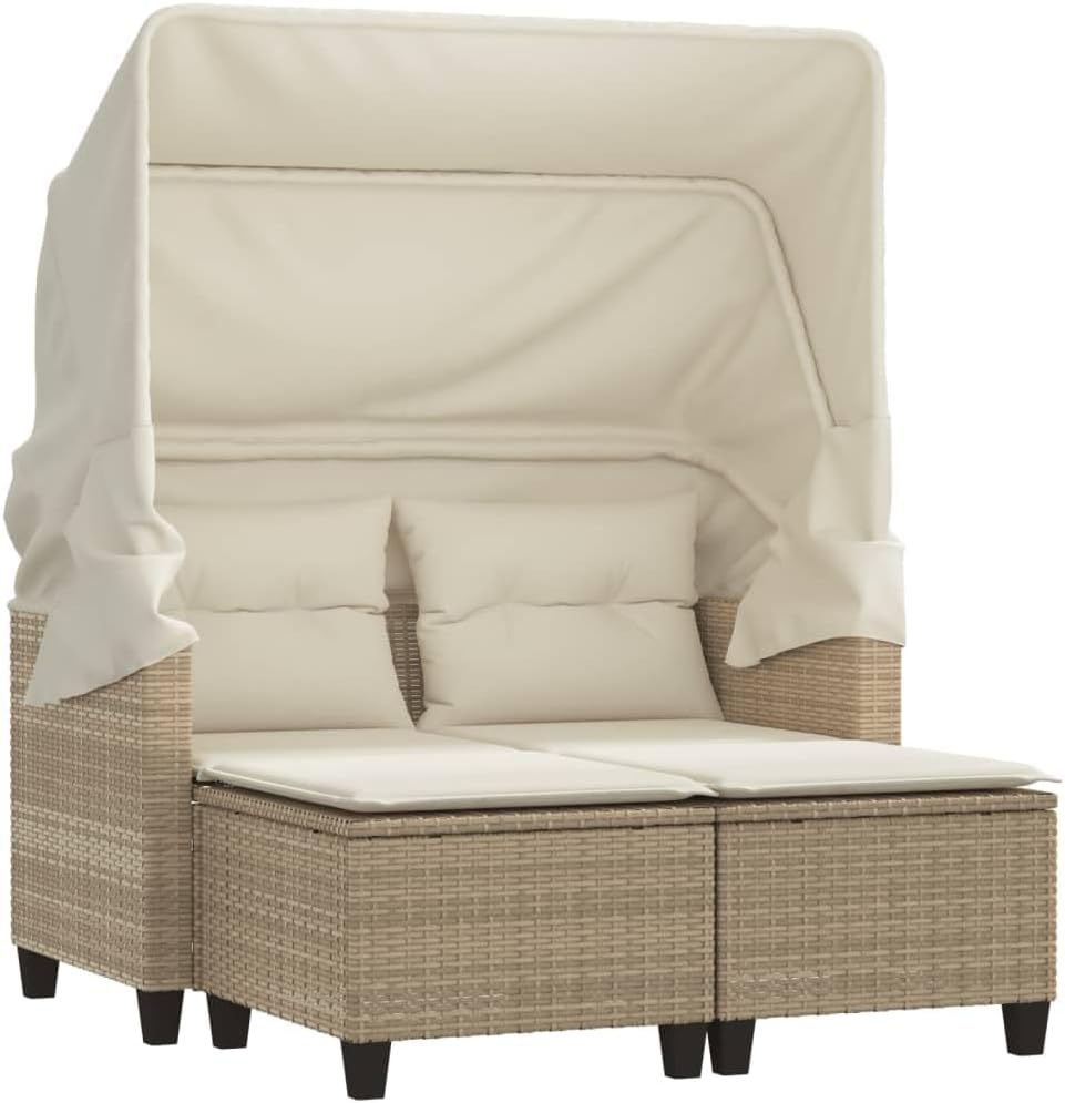 vidaXL Gartensofa 2-Sitzer mit Dach Hockern, Outdoor Sofa Gartenmöbel, Garten Lounge Set Terrasse, Terrassenmöbel Zweisitzer, Beige Poly Rattan