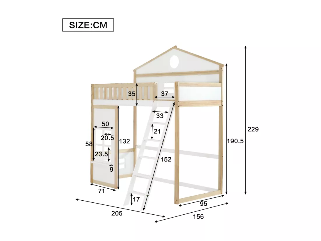 Lit mezzanine 90 x 200 cm avec fenêtres & garde-corps - pin + MDF - blanc + naturel (sans matelas)