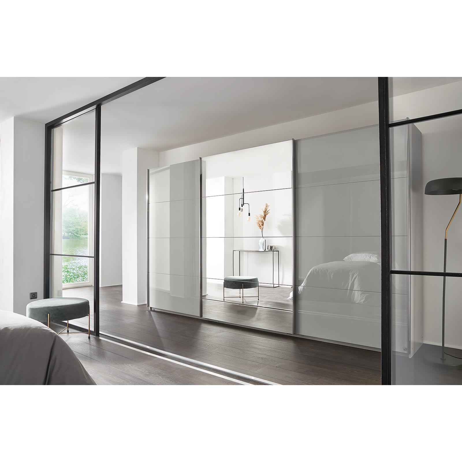 Schwebetürenschrank - seidengrau - mit Spiegel - 2 Glastüren - 360x210 cm