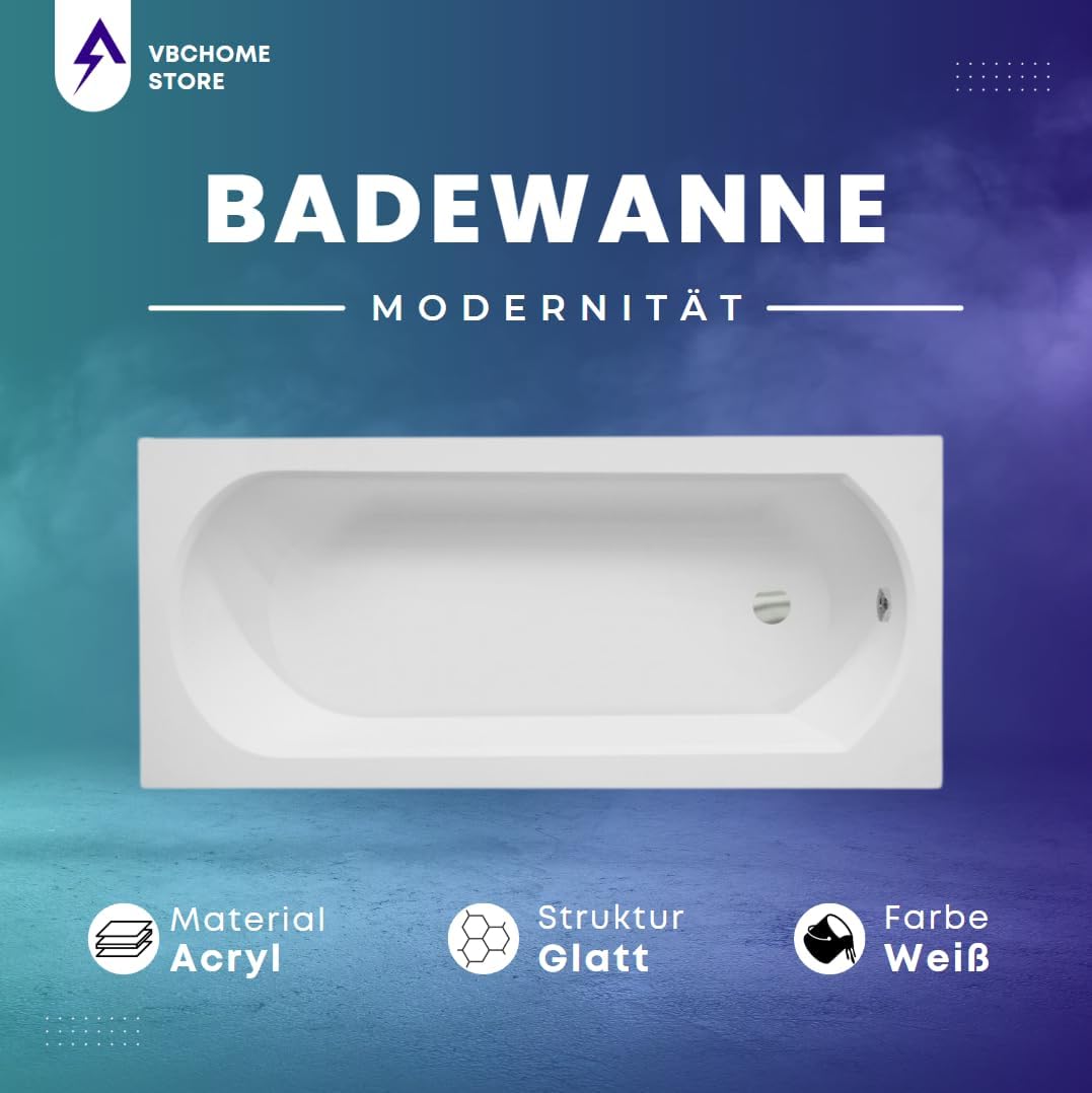 VBChome Badewanne 150x75 cm Acryl SET Schürze Siphon Wanne Rechteck Weiß Design Modern Ablaufgarnitur in Chrom