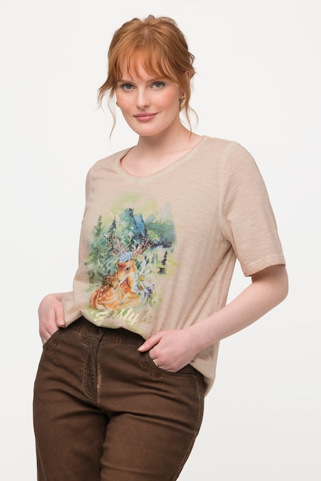 Trachten-T-Shirt, Rehkitz, Classic, V-Ausschnitt, Halbarm