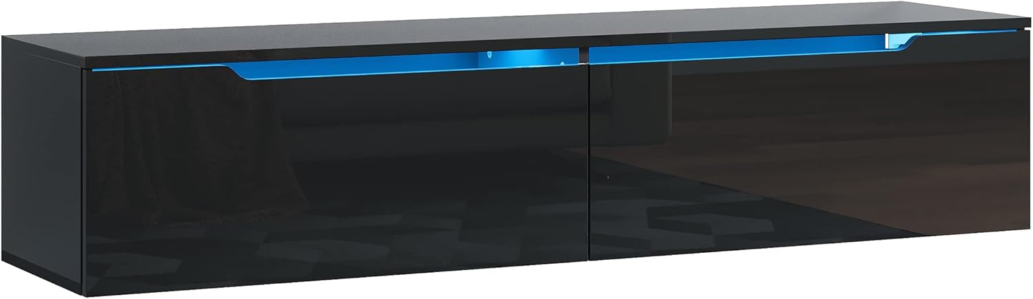 SONNI Lowboard Schwarz, TV Board Hochglanz, TV-Schrank, Fernsehtisch, TV-Regal mit LED Beleuchtung, 12 Farben, Klapptür, Griffloses Design, Zwei Montagemöglichkeiten, 140x35x30cm, GTV009B