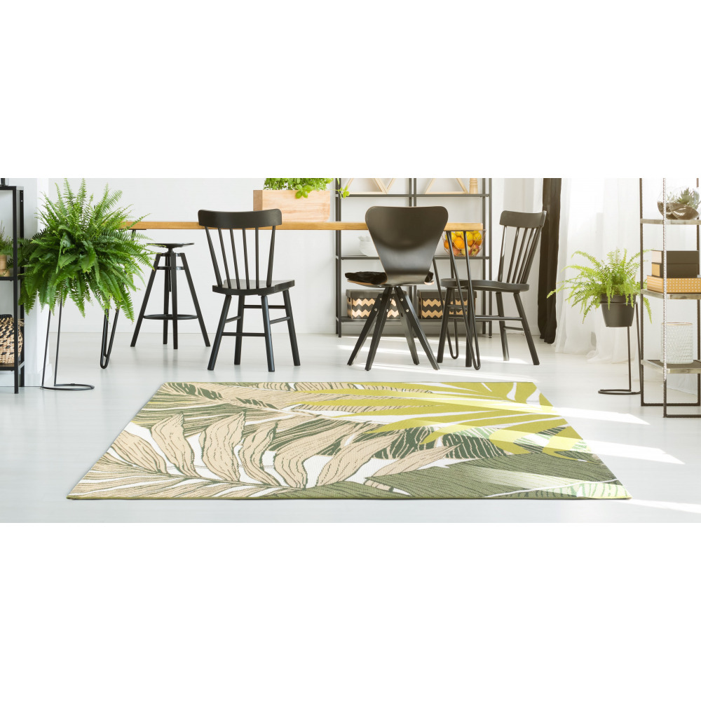 Tapis salon, chambre, cuisine effet jute motifs feuillage tropiques vert/beige 100x150cm- décoration- mobilier d'intérieur